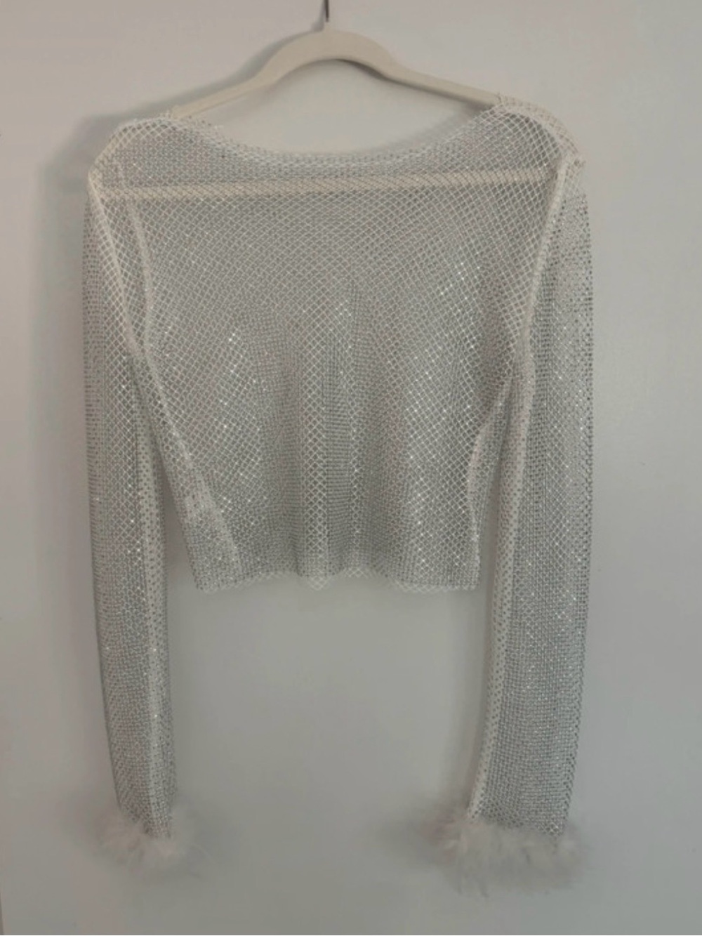 Sheer White Sequin Knit Crop Top with Feather Cuffs